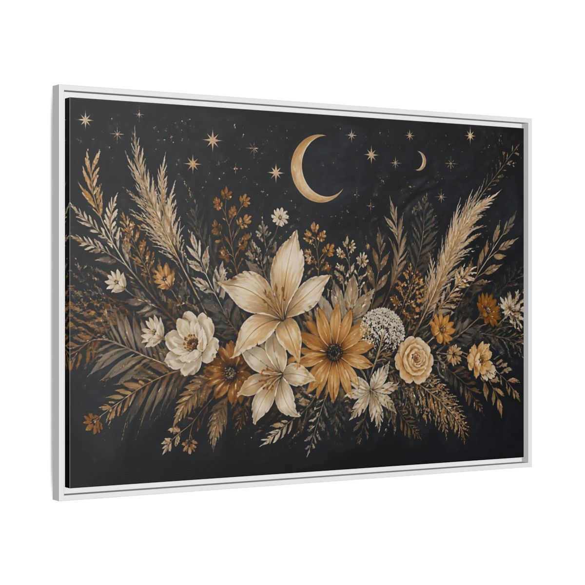 Side Mockup 7. Moonlit Floral Bouquet shown as framed canvas print