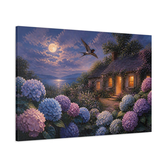 Main Mockup. Moonlit Hydrangea Floral Cottage shown as canvas print