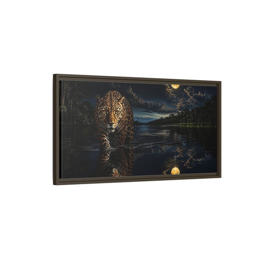 Main Mockup. Moonlit Jaguar Stroll shown as framed canvas print