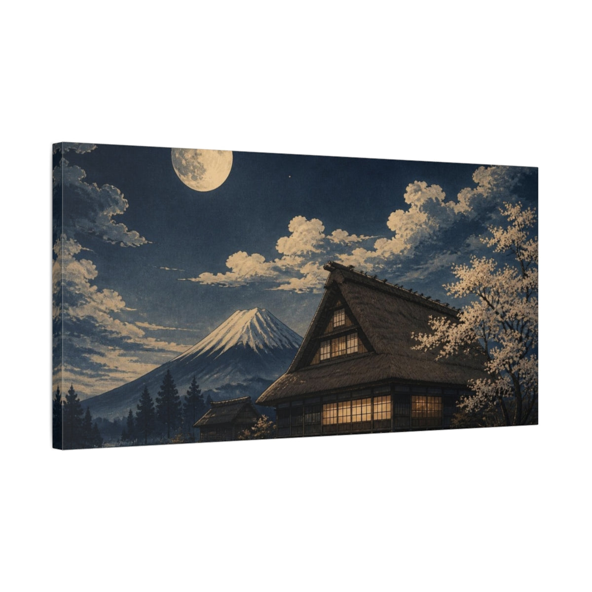 Side Mockup 1. Moonlit Japanese Farmhouse shown as canvas print