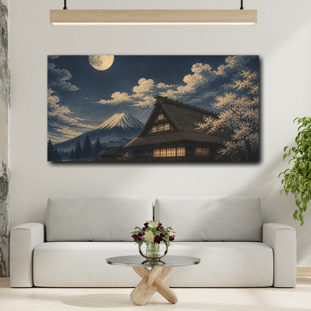 Mockup 2. Moonlit Japanese Farmhouse shown as canvas print