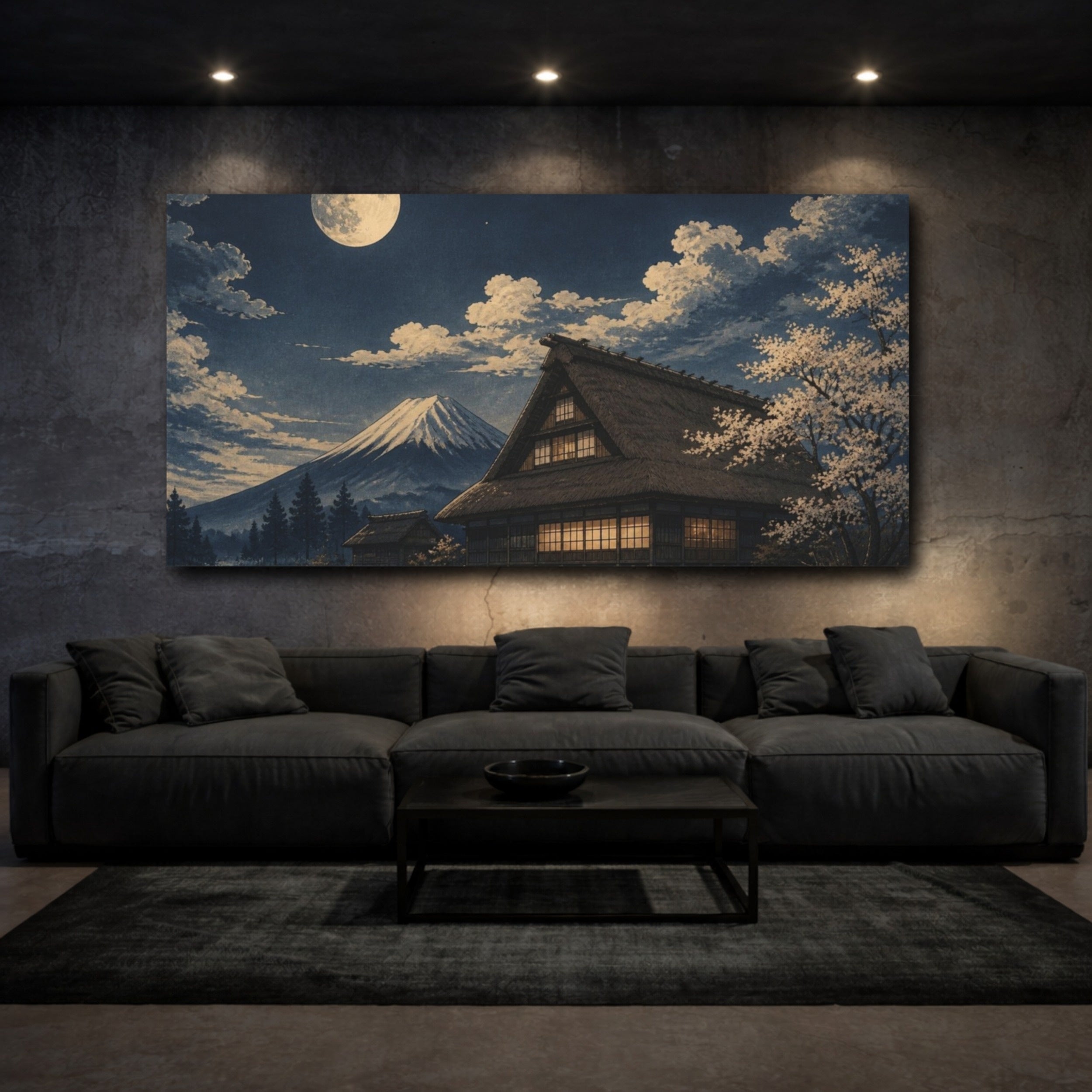Mockup 3. Moonlit Japanese Farmhouse shown as canvas print