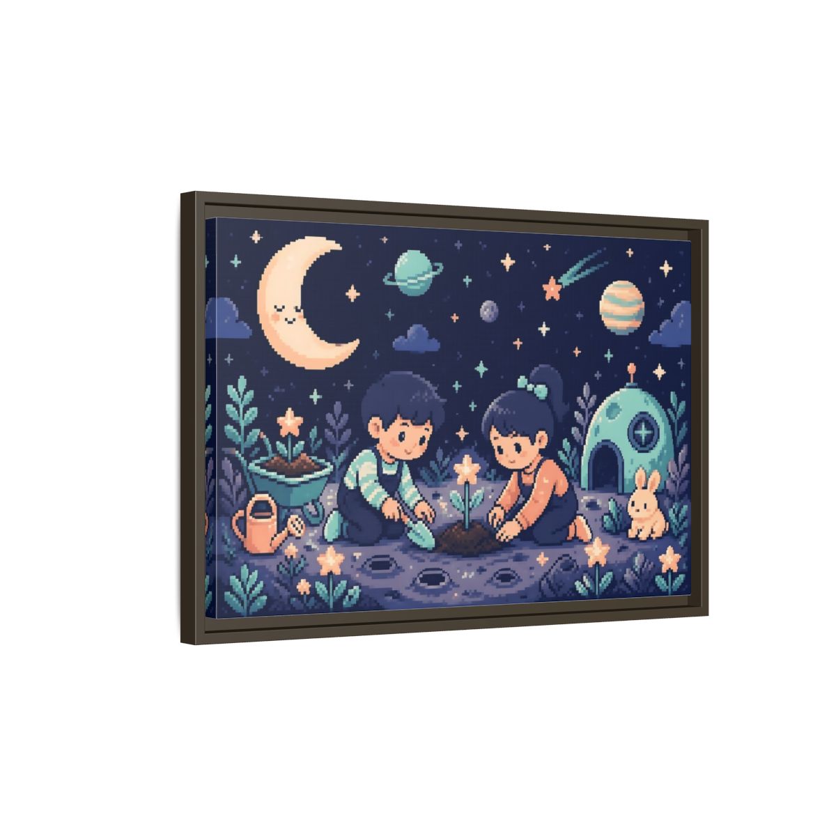 Side Mockup 2. Moonlit Kids Planting shown as framed canvas print