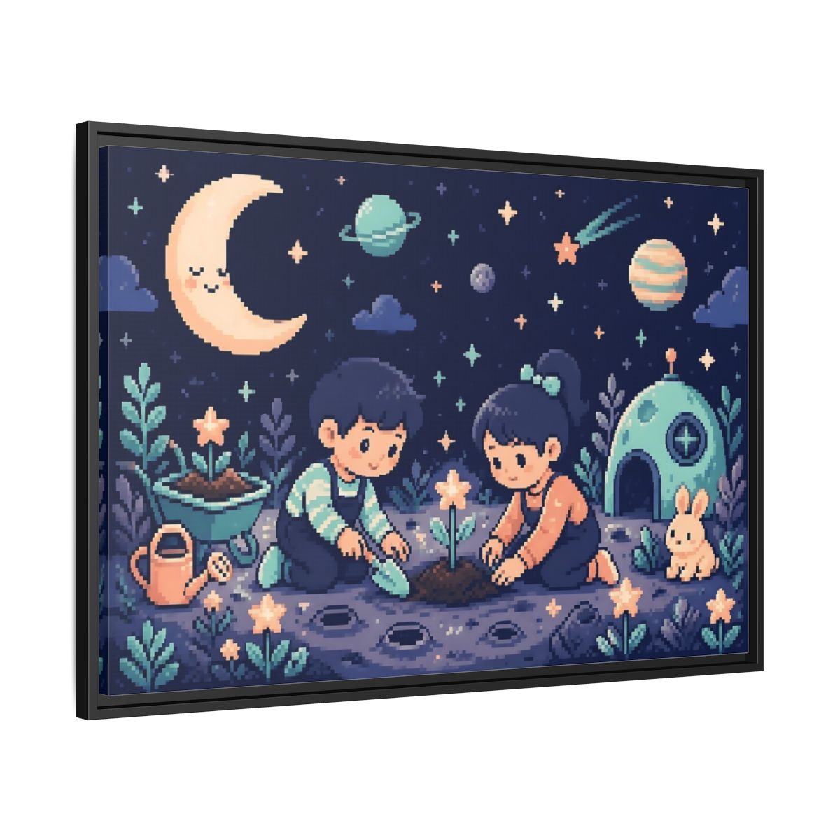 Side Mockup 13. Moonlit Kids Planting shown as framed canvas print