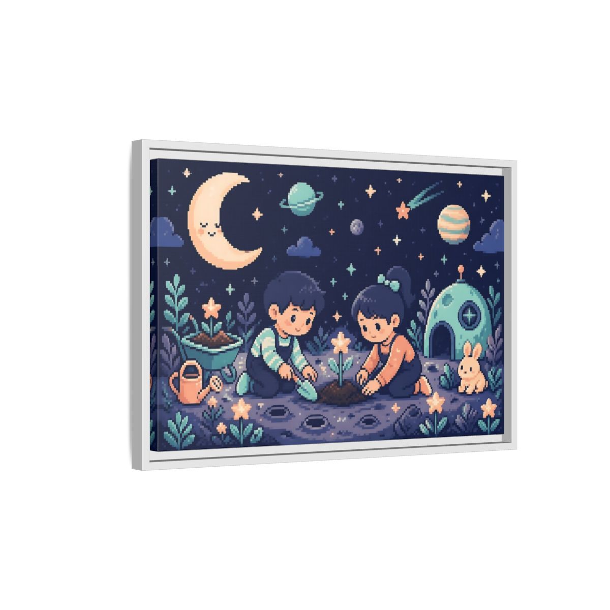 Side Mockup 1. Moonlit Kids Planting shown as framed canvas print