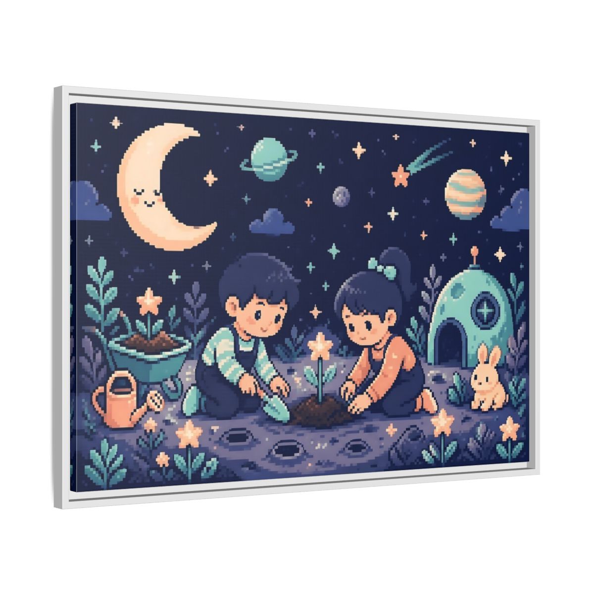 Side Mockup 9. Moonlit Kids Planting shown as framed canvas print