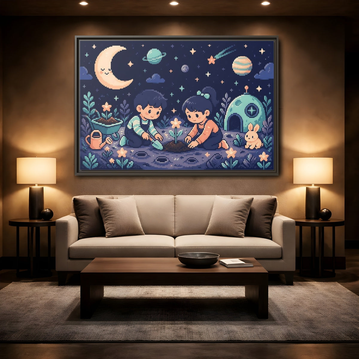 Mockup 2. Moonlit Kids Planting shown as framed canvas print