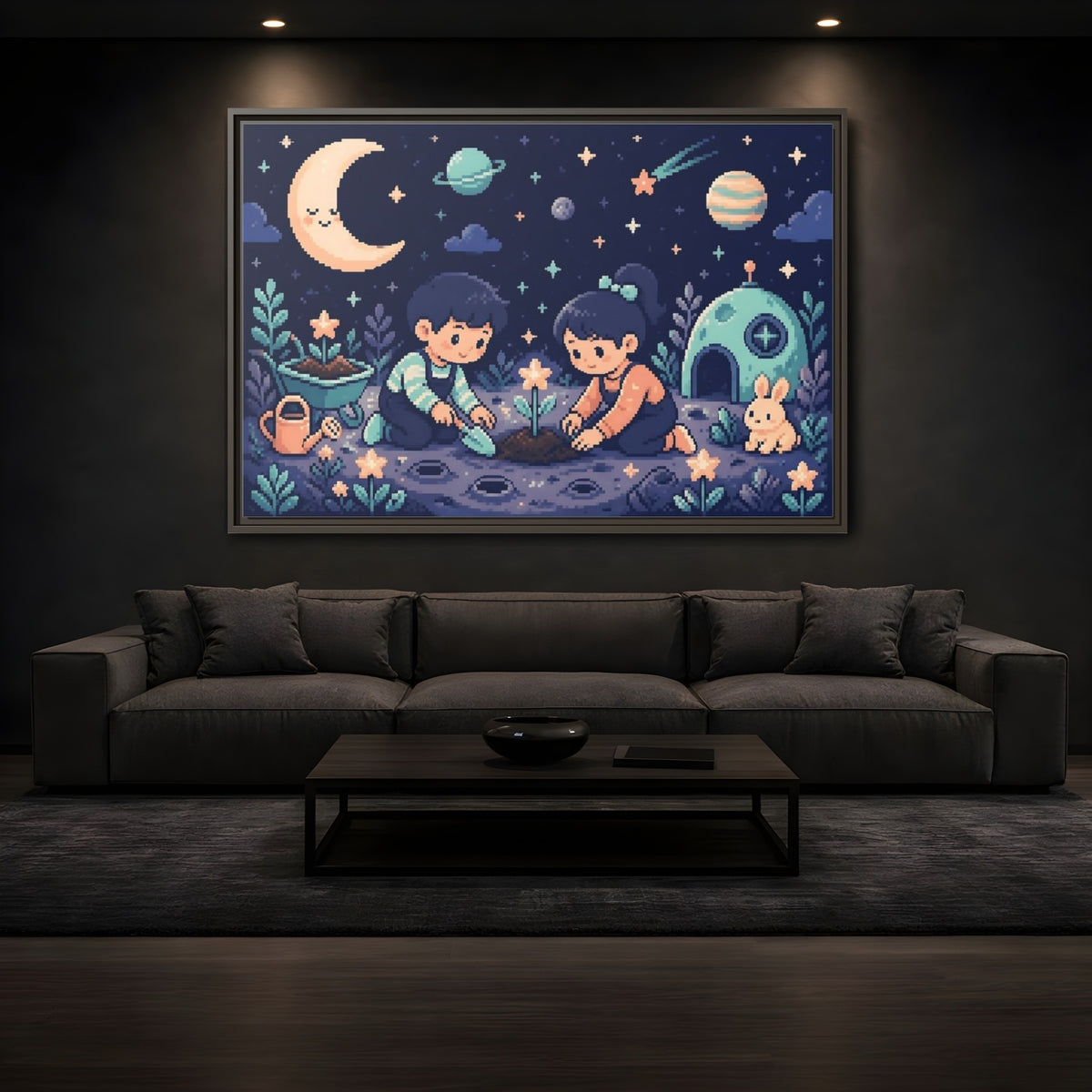Mockup 3. Moonlit Kids Planting shown as framed canvas print