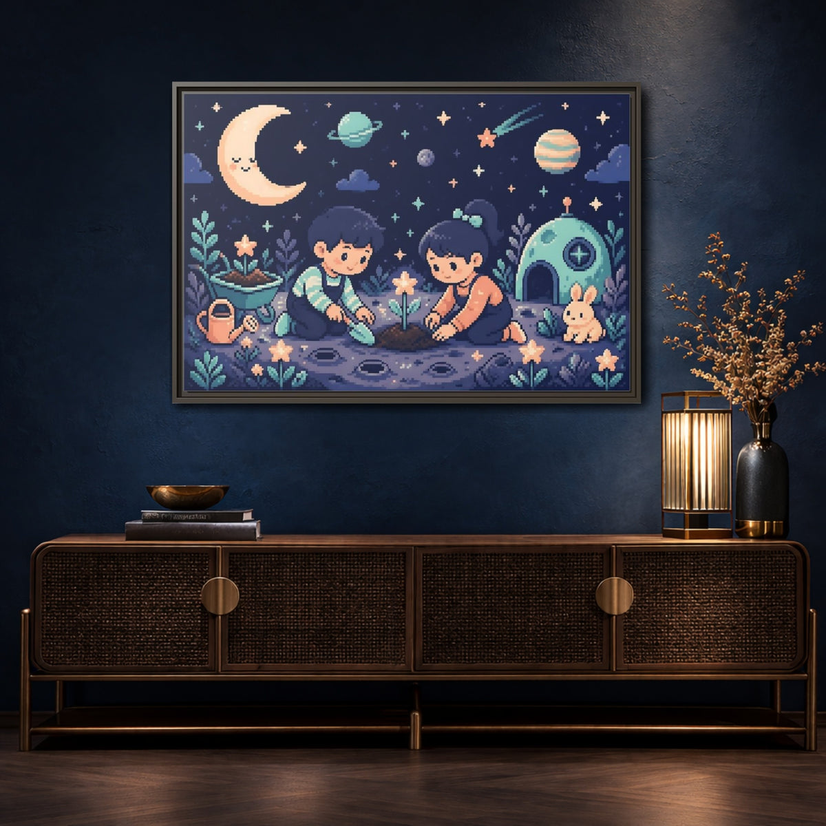 Mockup 4. Moonlit Kids Planting shown as framed canvas print