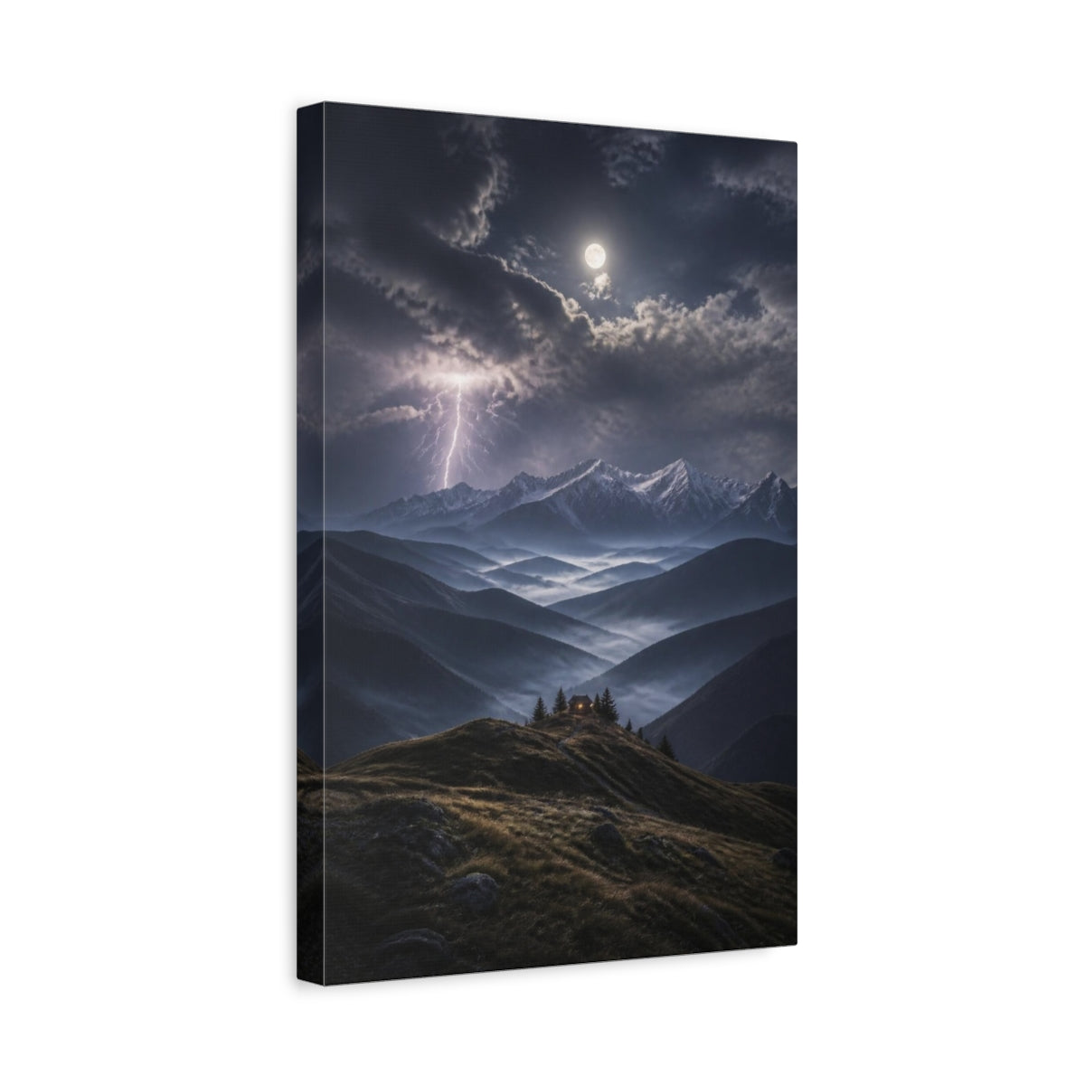 Side Mockup 4. Moonlit Mountain Landscape shown as canvas print