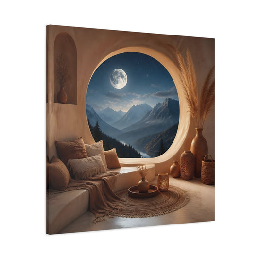 Main Mockup. Moonlit Mountain Window View shown as canvas print