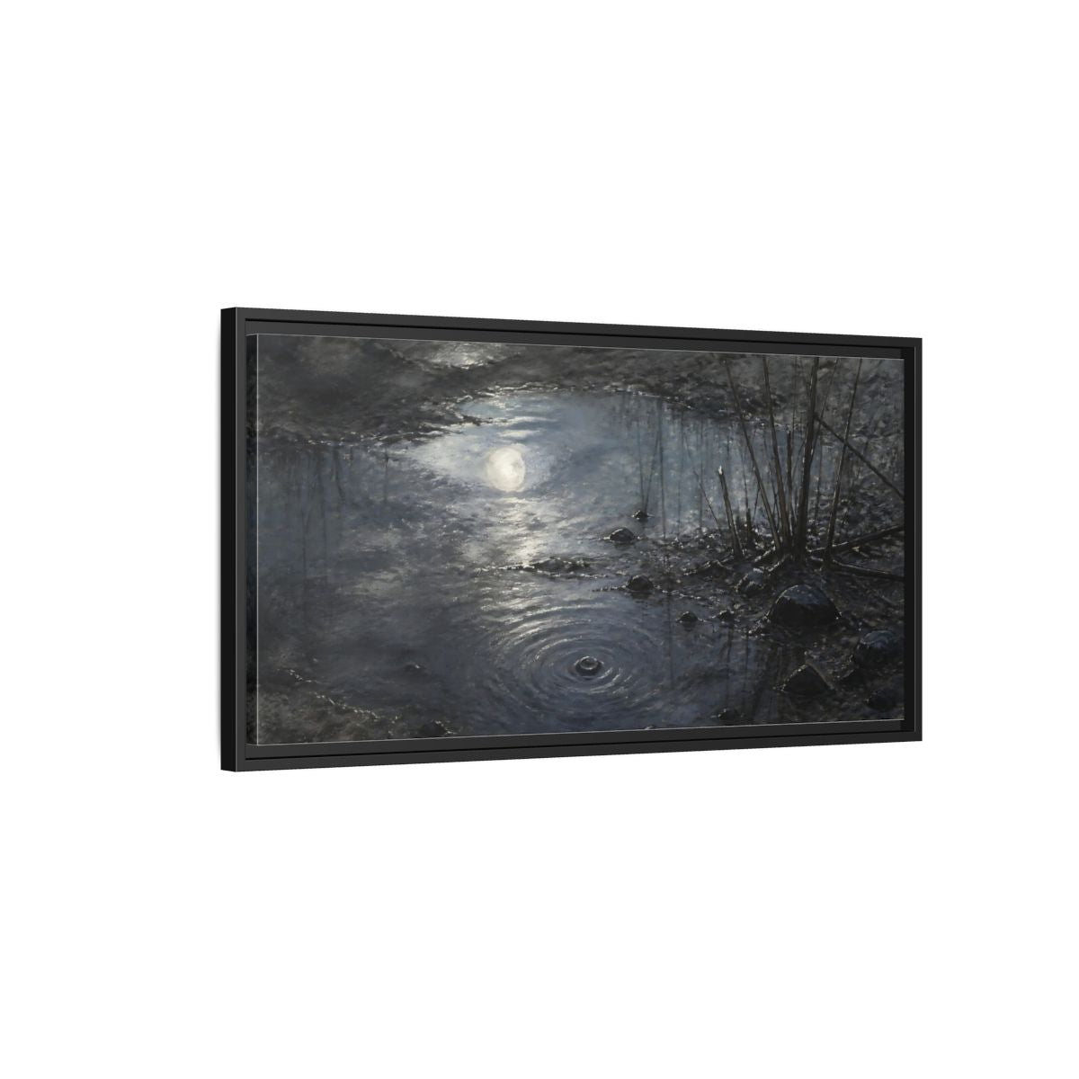 Side Mockup 2. Moonlit Muddy Pond shown as framed canvas print