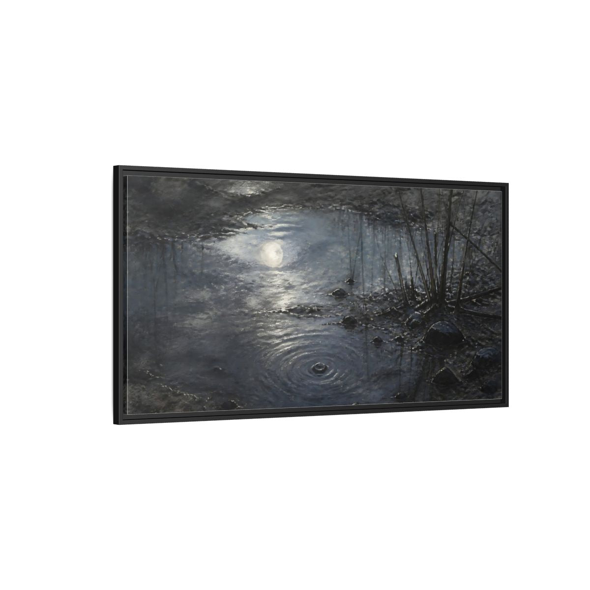 Side Mockup 5. Moonlit Muddy Pond shown as framed canvas print