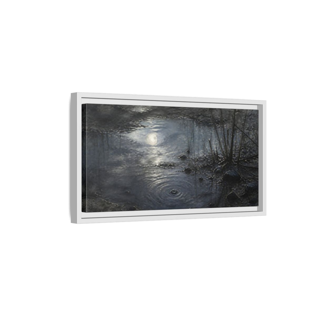 Side Mockup 6. Moonlit Muddy Pond shown as framed canvas print