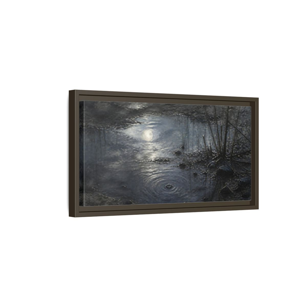 Side Mockup 7. Moonlit Muddy Pond shown as framed canvas print