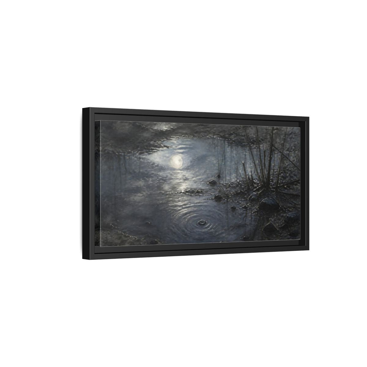 Side Mockup 8. Moonlit Muddy Pond shown as framed canvas print