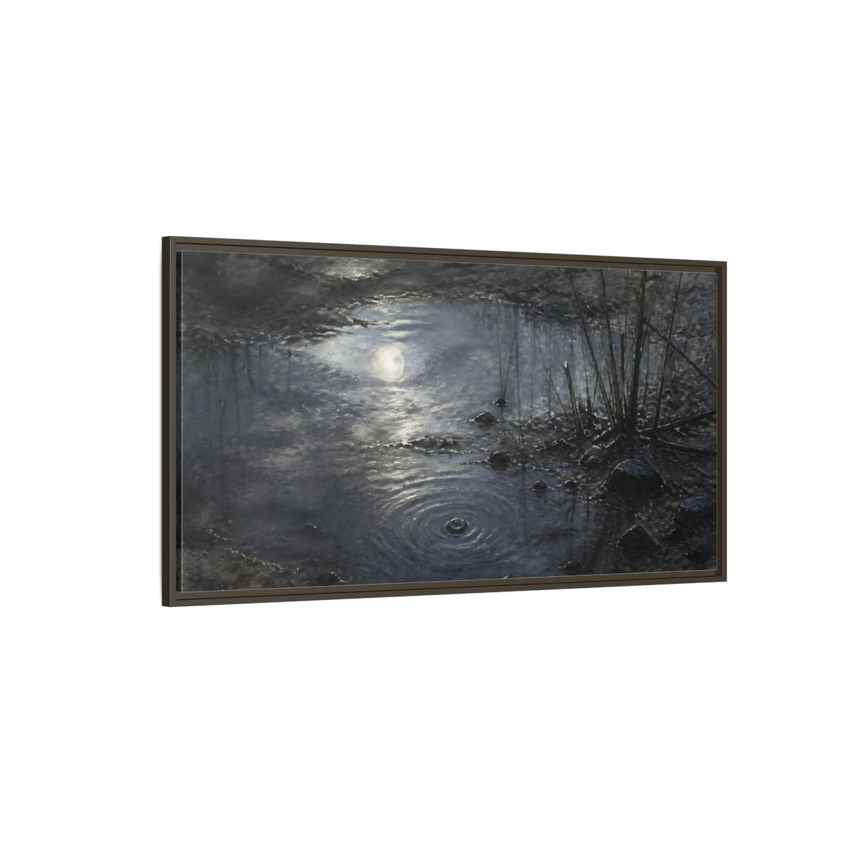 Side Mockup 4. Moonlit Muddy Pond shown as framed canvas print