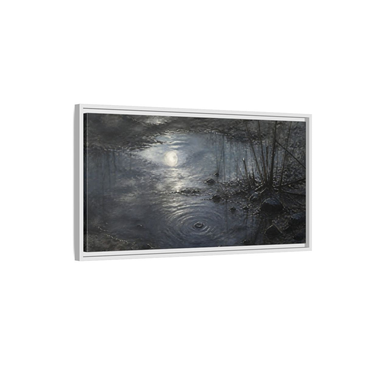 Side Mockup 1. Moonlit Muddy Pond shown as framed canvas print
