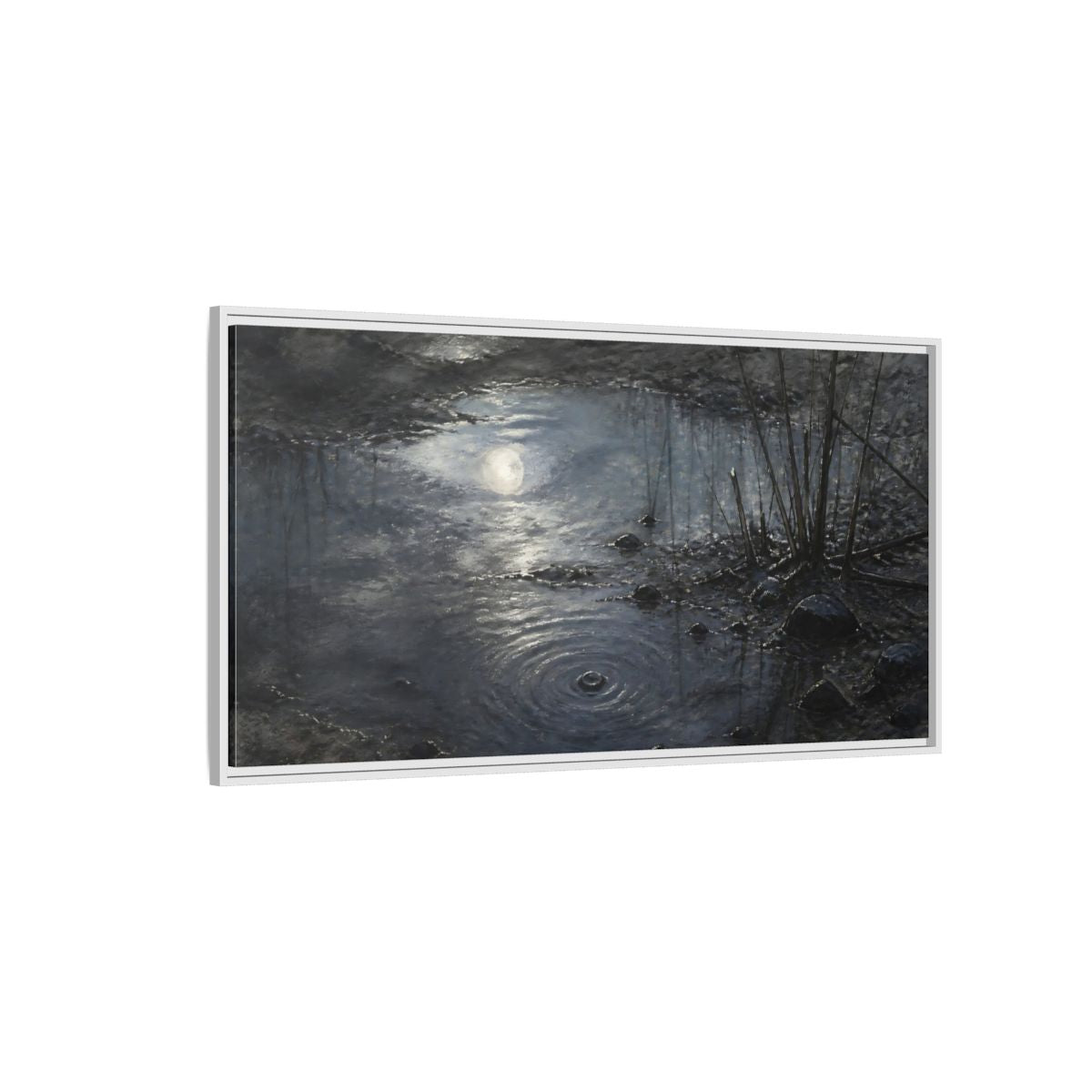 Side Mockup 3. Moonlit Muddy Pond shown as framed canvas print