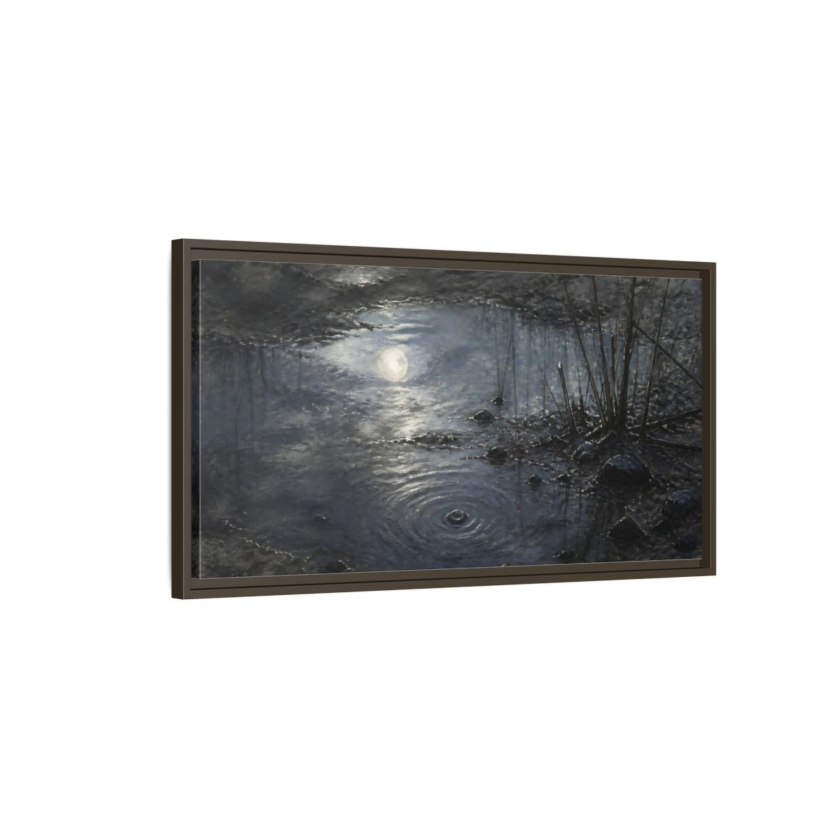 Main Mockup. Moonlit Muddy Pond shown as framed canvas print