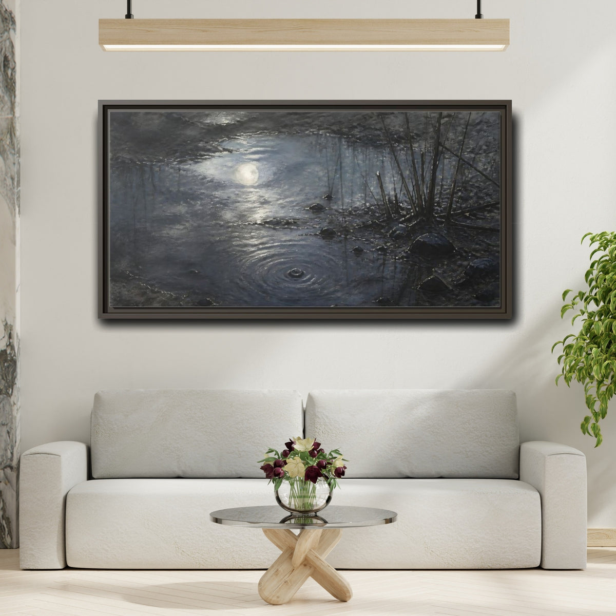 Mockup 2. Moonlit Muddy Pond shown as framed canvas print