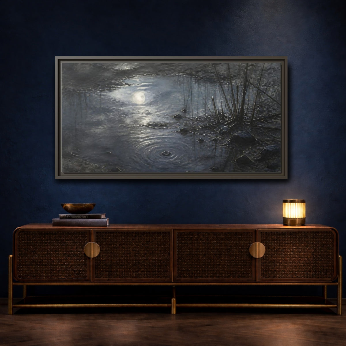 Mockup 4. Moonlit Muddy Pond shown as framed canvas print
