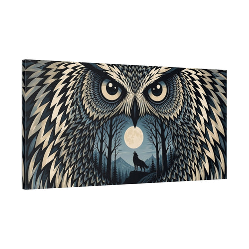 Main Mockup. Moonlit Owl With Howling Wolf shown as canvas print