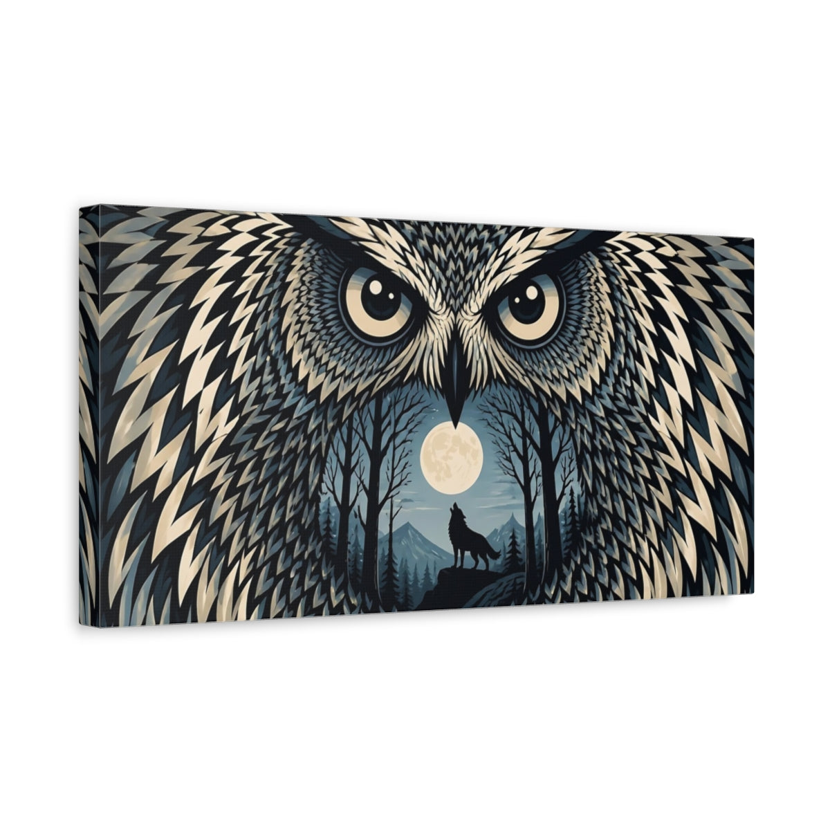Side Mockup 3. Moonlit Owl With Howling Wolf shown as canvas print