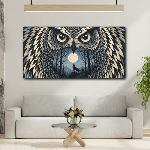 Mockup 2. Moonlit Owl With Howling Wolf shown as canvas print