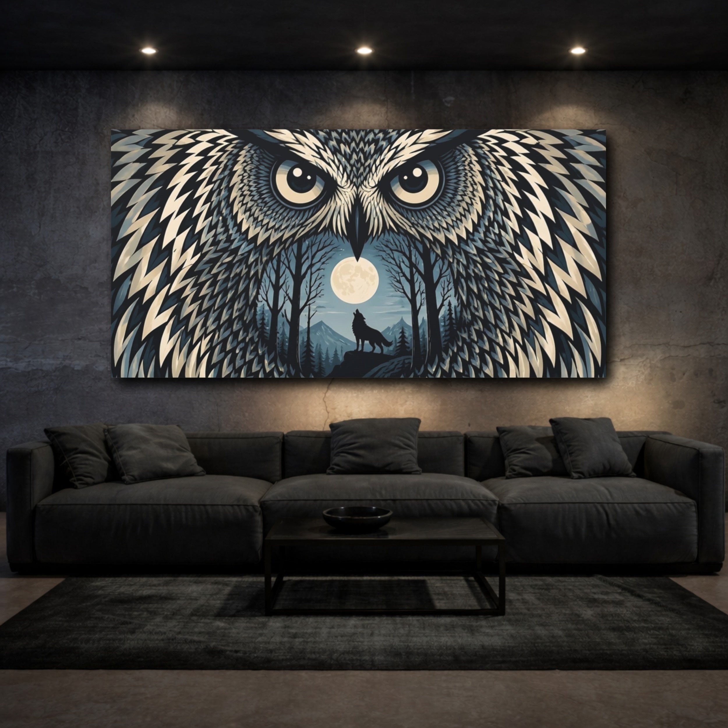 Mockup 3. Moonlit Owl With Howling Wolf shown as canvas print