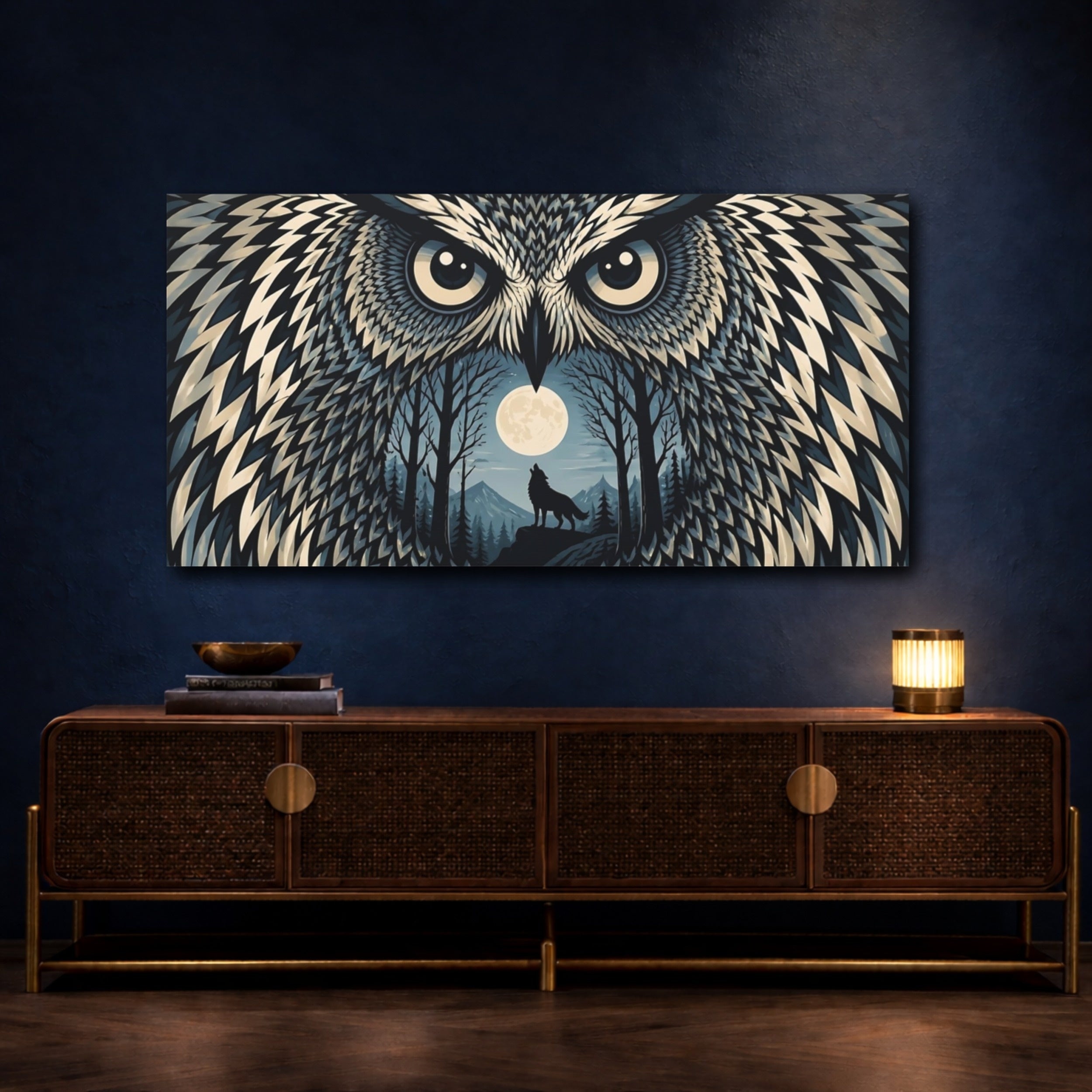 Mockup 4. Moonlit Owl With Howling Wolf shown as canvas print