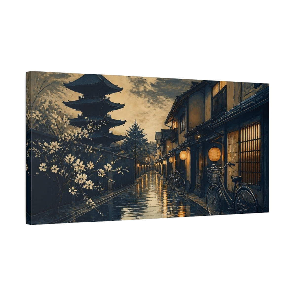 Side Mockup 1. Moonlit Pagoda Street shown as canvas print