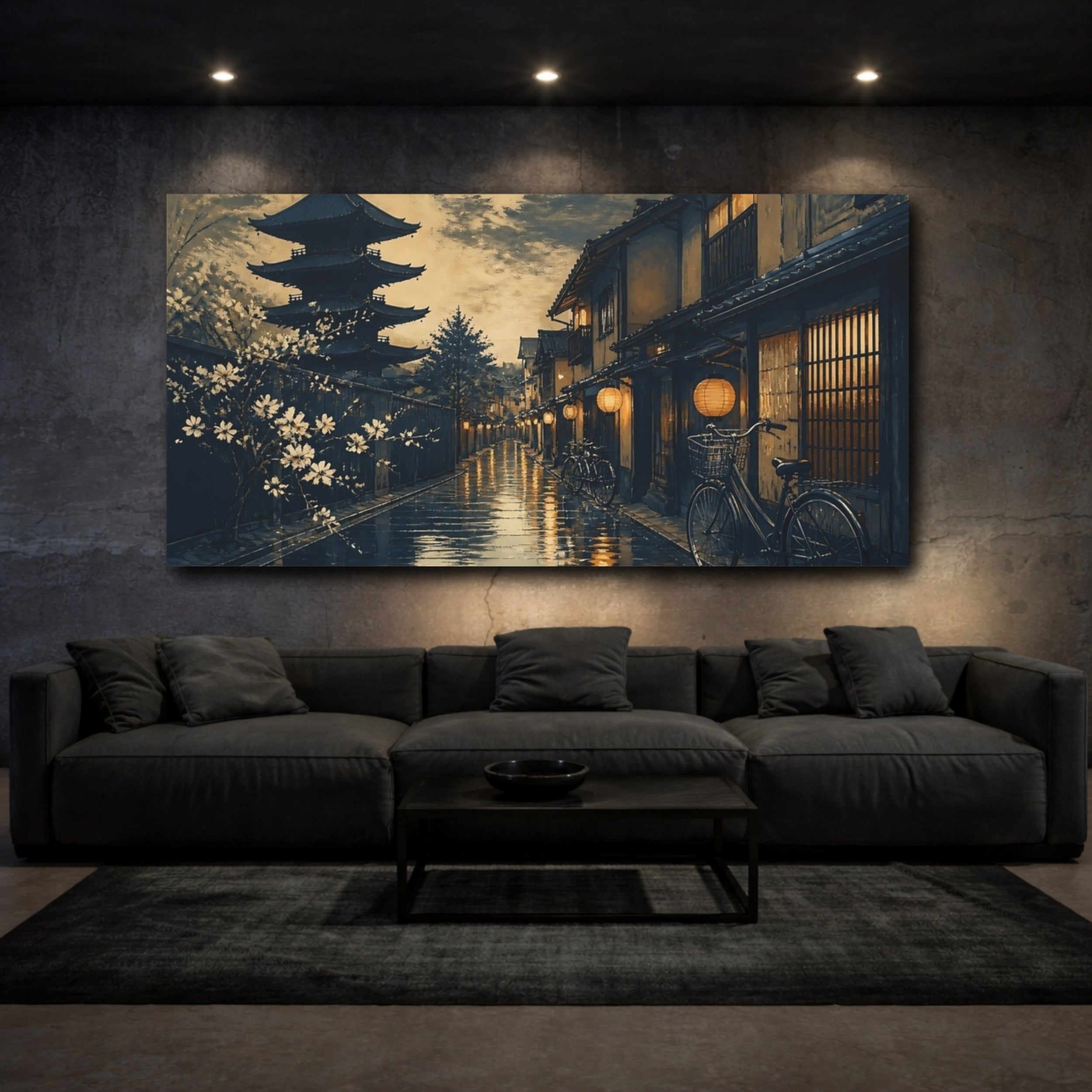 Mockup 3. Moonlit Pagoda Street shown as canvas print