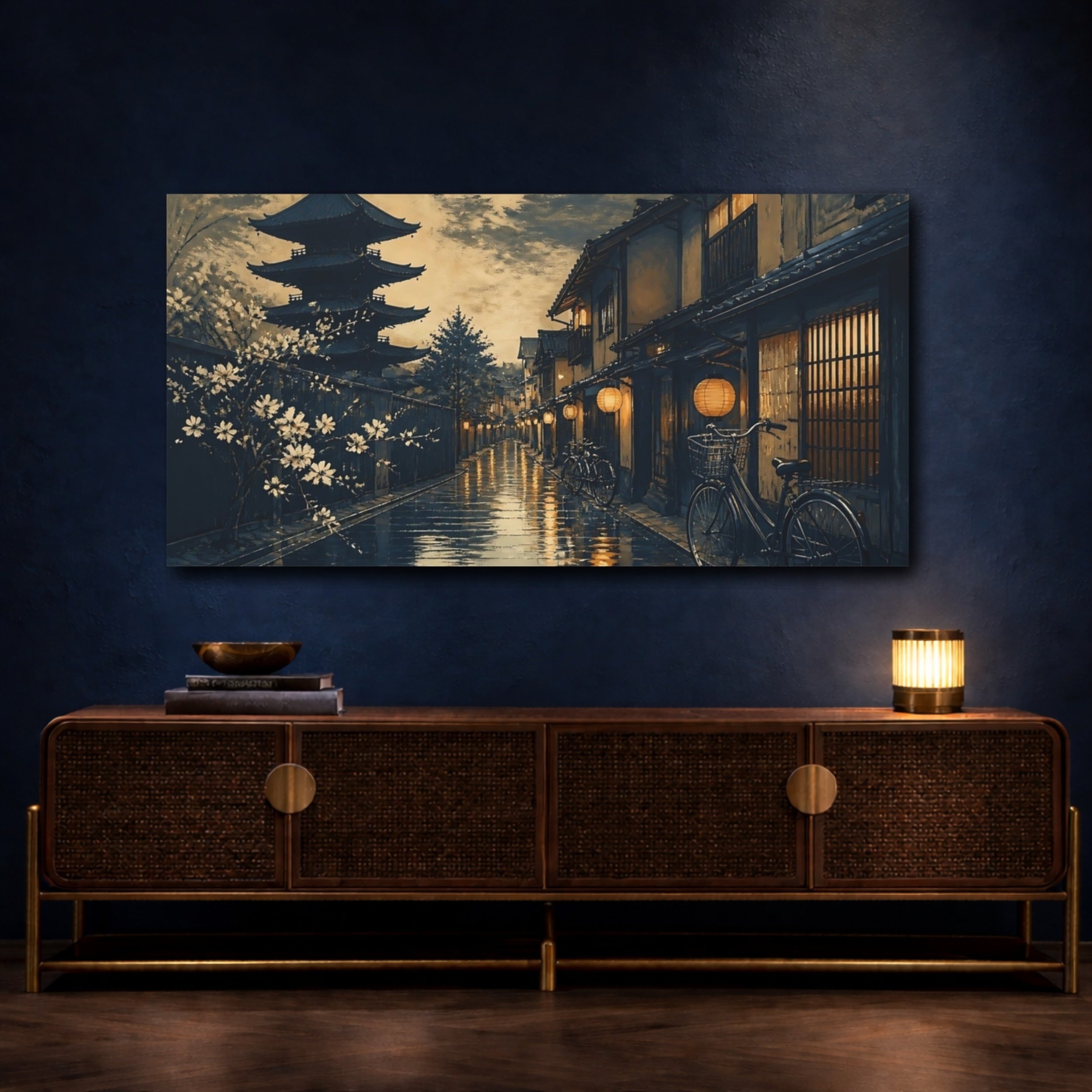 Mockup 4. Moonlit Pagoda Street shown as canvas print
