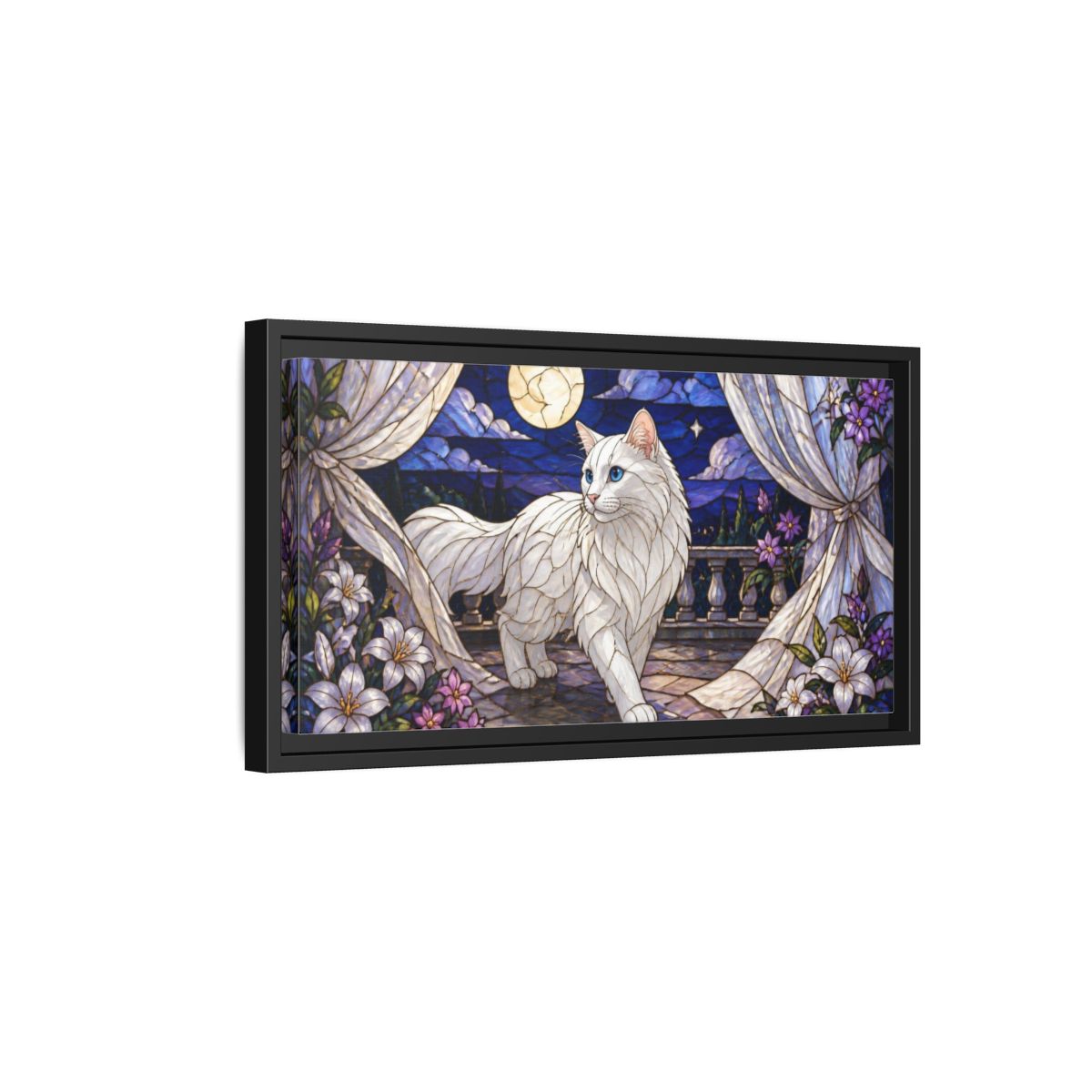 Side Mockup 8. Moonlit Pet Cat shown as framed canvas print