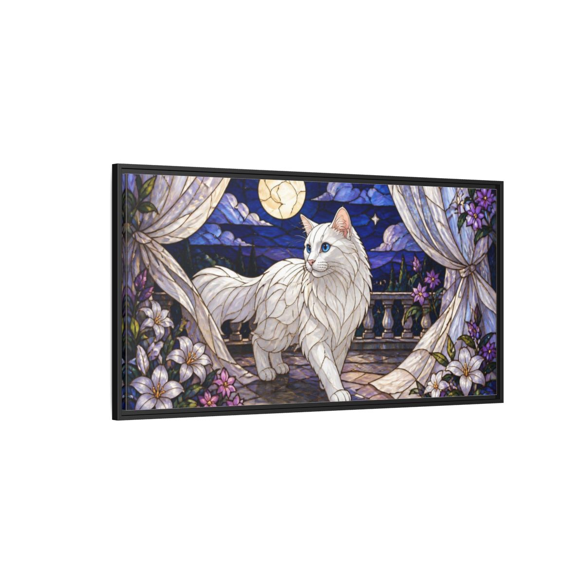 Side Mockup 5. Moonlit Pet Cat shown as framed canvas print