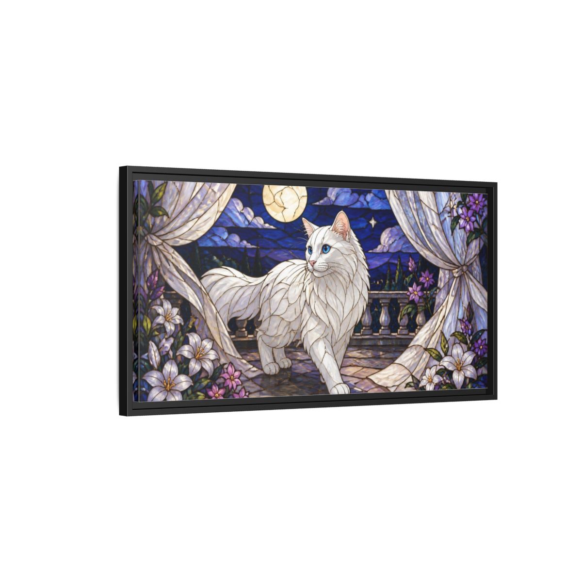 Side Mockup 2. Moonlit Pet Cat shown as framed canvas print