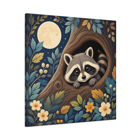 Main Mockup. Moonlit Raccoon In Hollow shown as canvas print
