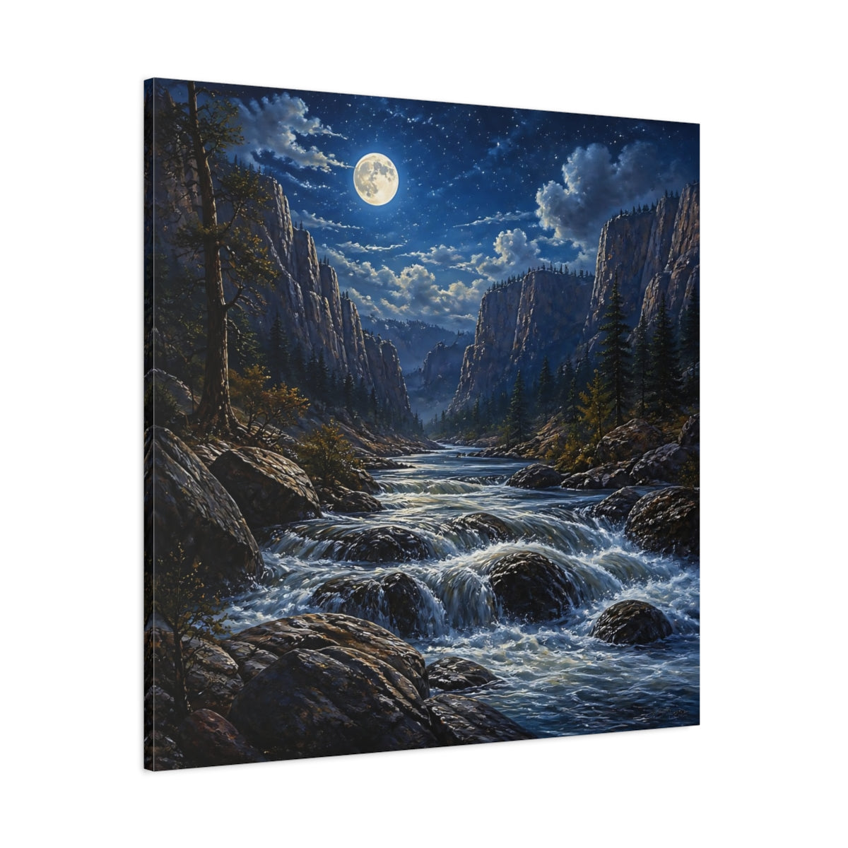 Side Mockup 1. Moonlit River Landscape shown as canvas print