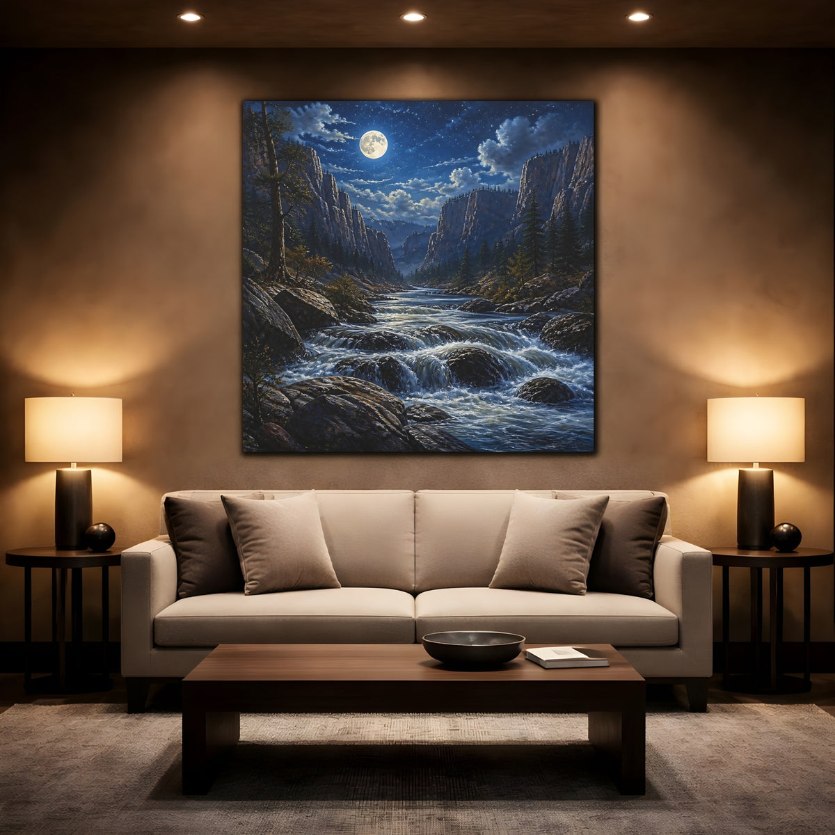 Mockup 2. Moonlit River Landscape shown as canvas print
