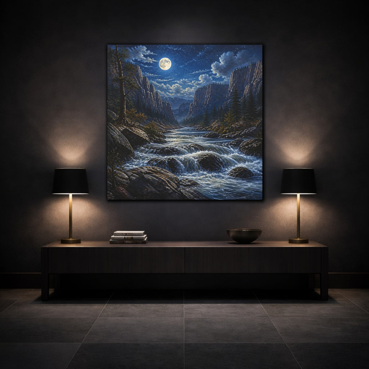 Mockup 3. Moonlit River Landscape shown as canvas print