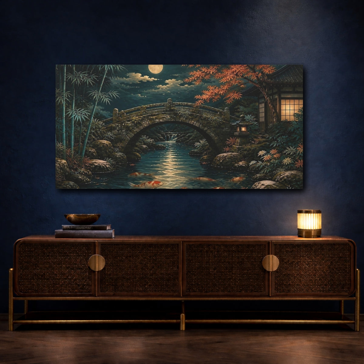 Mockup 4. Moonlit Stone Bridge shown as canvas print
