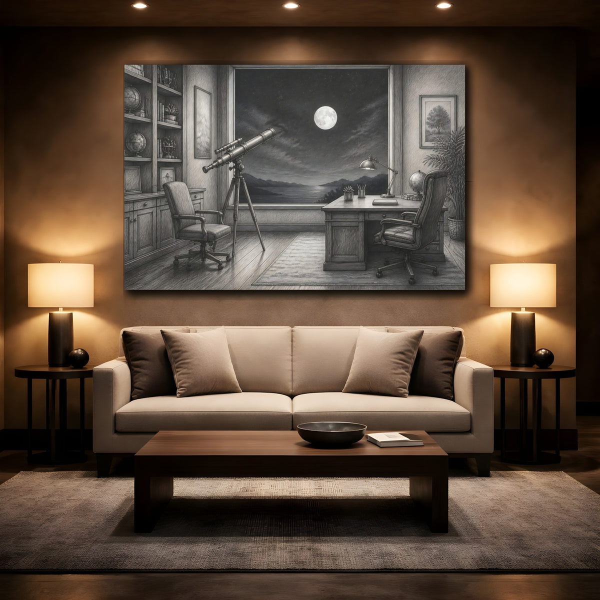 Mockup 2. Moonlit Telescope Study shown as canvas print