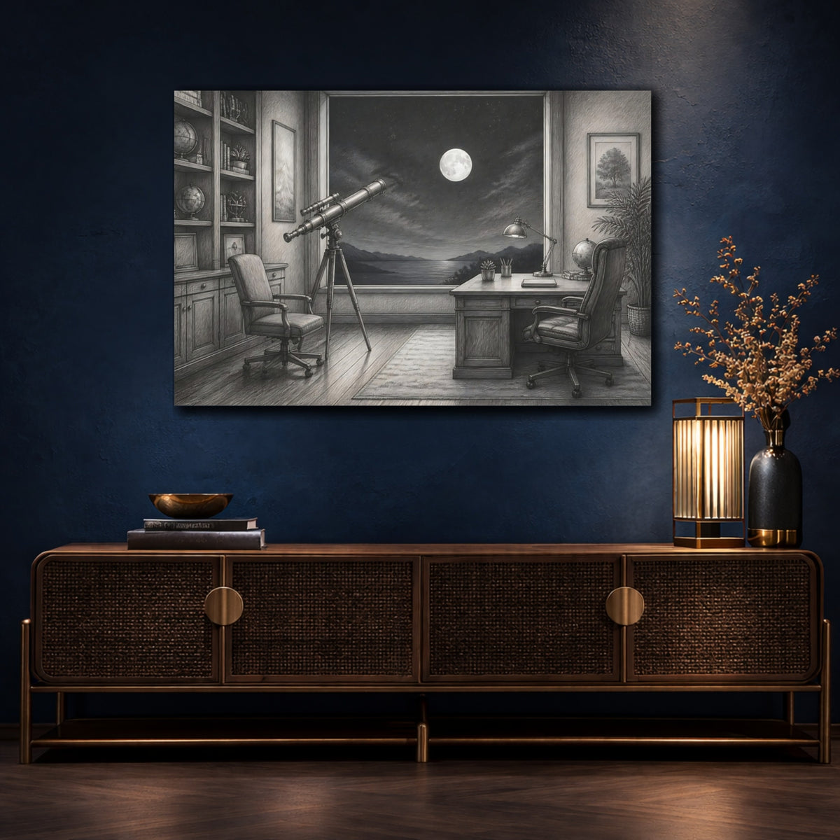 Mockup 4. Moonlit Telescope Study shown as canvas print