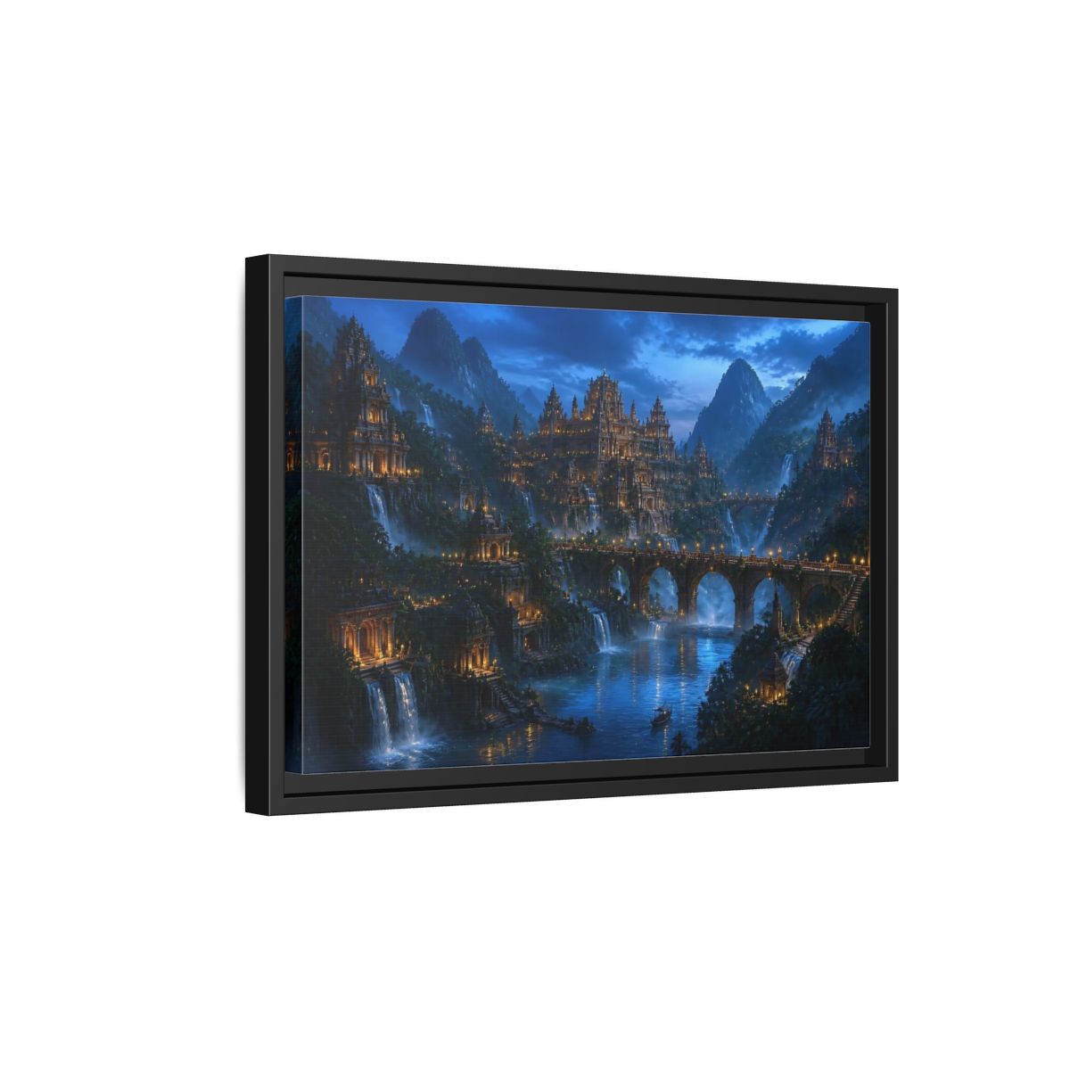 Side Mockup 6. Moonlit Temple City shown as framed canvas print