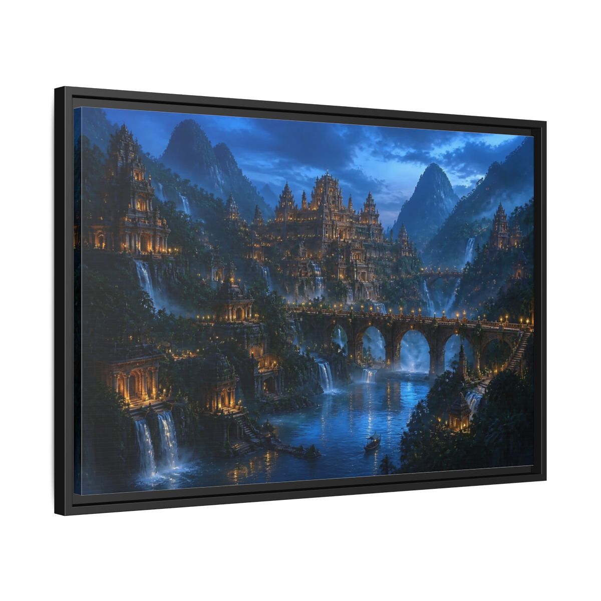 Side Mockup 14. Moonlit Temple City shown as framed canvas print