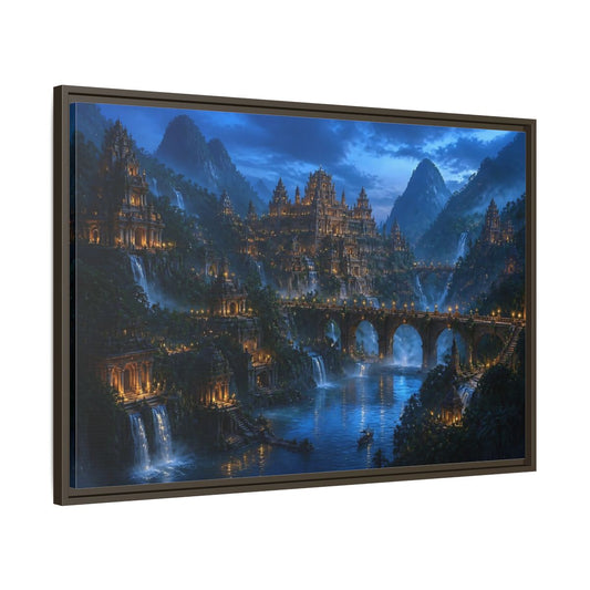Main Mockup. Moonlit Temple City shown as framed canvas print