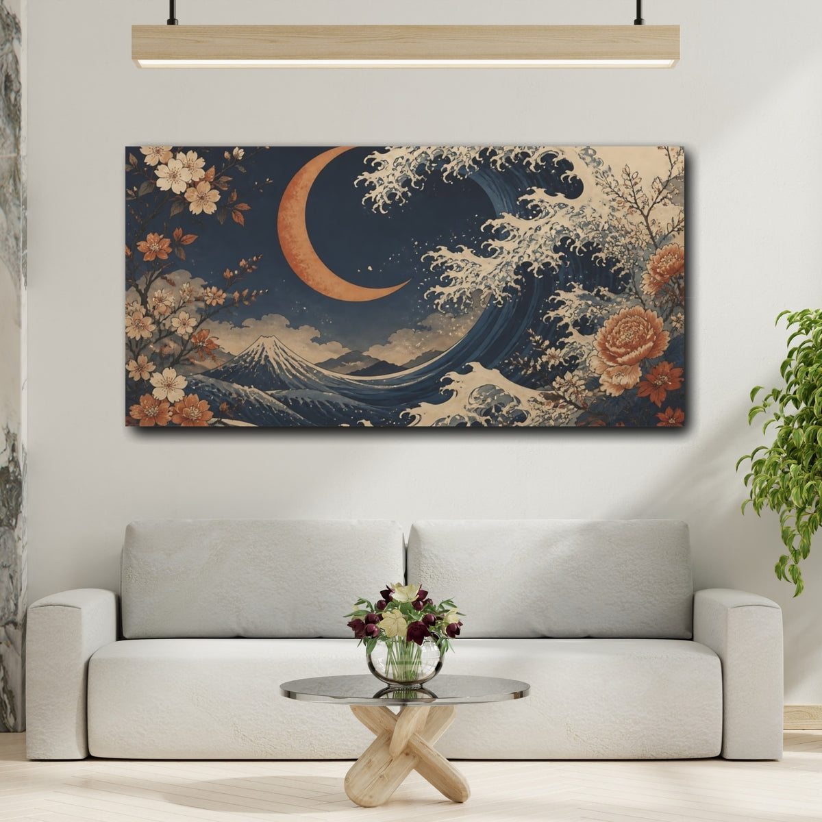 Mockup 2. Moonlit Wave & Blossoms shown as canvas print