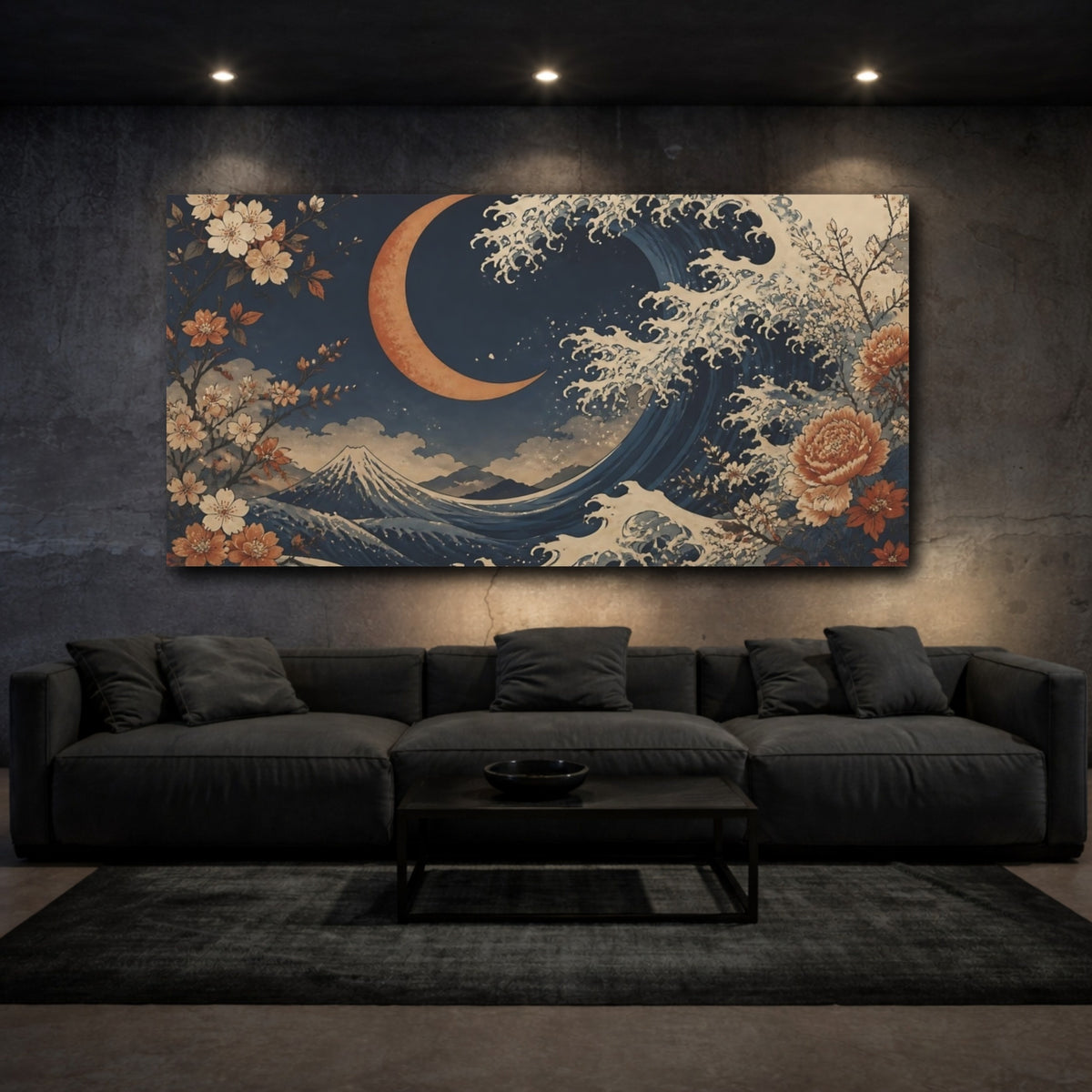 Mockup 3. Moonlit Wave & Blossoms shown as canvas print