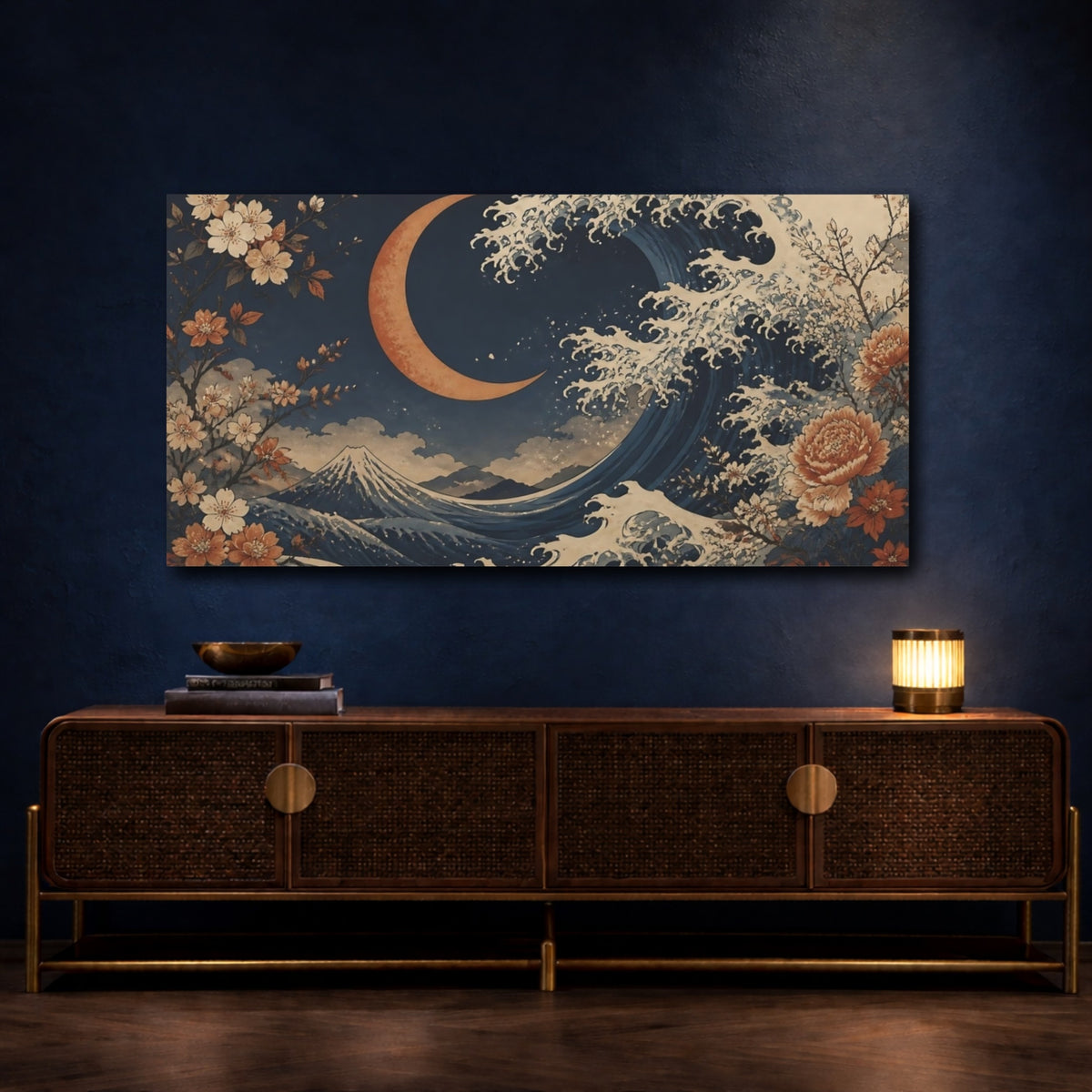Mockup 4. Moonlit Wave & Blossoms shown as canvas print